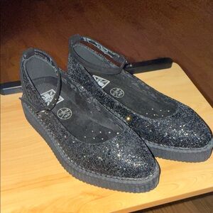 TUK Pointed Mary Jane Black Glitter Strap Size 8 Goth Rockabilly Platform Flats